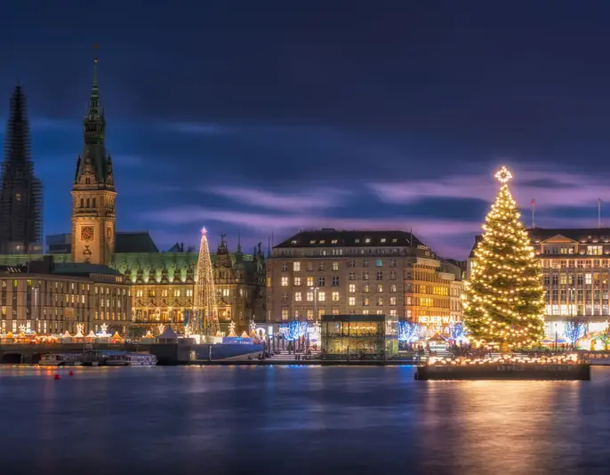 Town hall with christmas markets and tree during christmas time in december