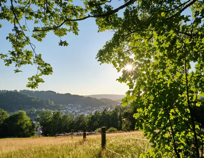 A beautiful scenic view into a rural German summer landscape in the Spessart with the town Bad Orb, Hessen
