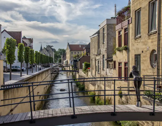 Canal and bridge in the center of Valkenburg, Netherlands