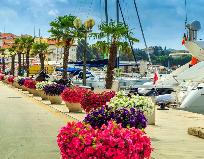Beautiful spectacular walkway with luxury harbor on the Adriatic Sea,Porec,Istria,Croatia,Europe